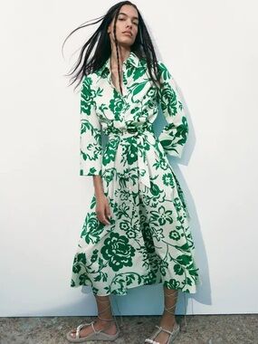 Zara Green & White Floral Long-Sleeve Shirt Dress